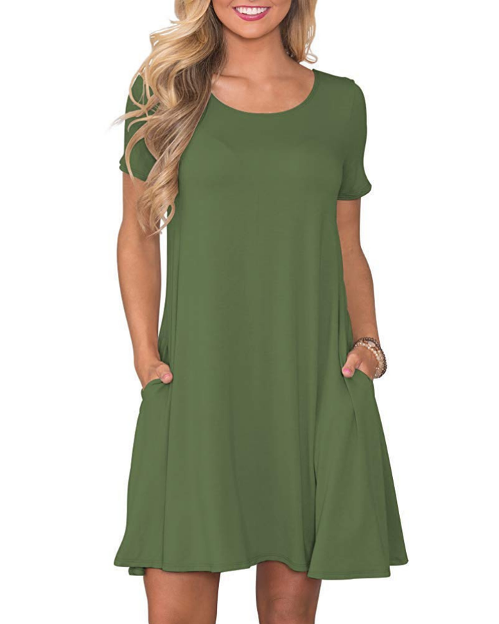 Vestido Mini Cencia para Mujer – Camiseta, Cuello Redondo y Línea A con Bolsillos Casual de Verano
