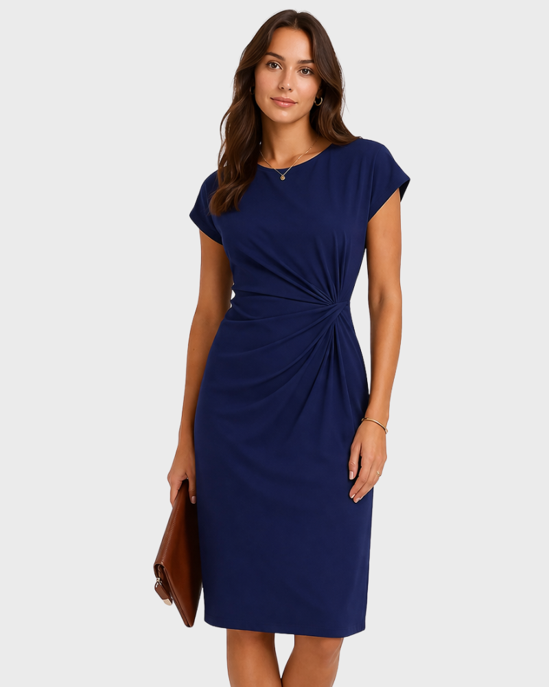 Dana Rochie Damă Elegantă Midi – Rochie cu Guler Rotund, Talie Evidențiată și Drapaj Lateral