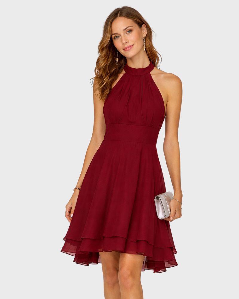 Candy Sukienka Damska Mini Halter Elegancka – Sukienka A-Linia z Falbankami i Asymetrycznym Dołem
