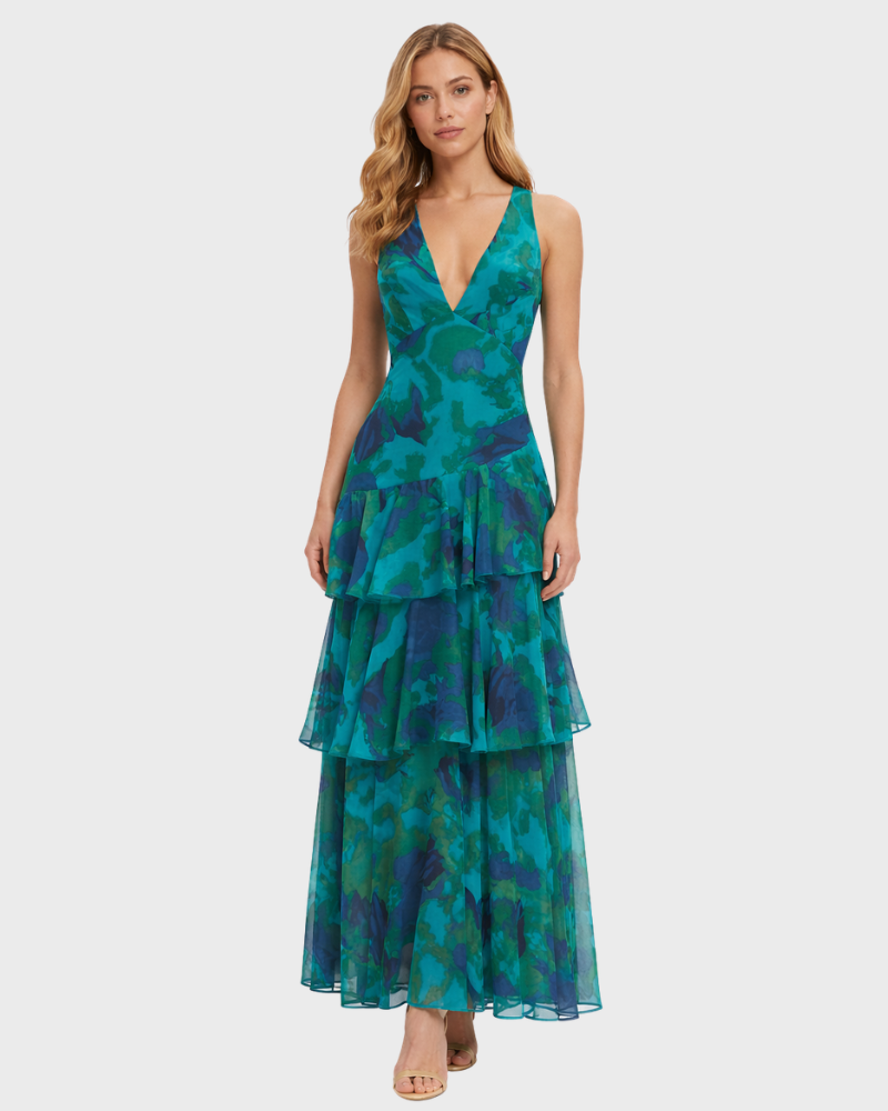Bella Damenlangkleid Elegant – Fließendes Kleid mit V-Ausschnitt und Stufensaum