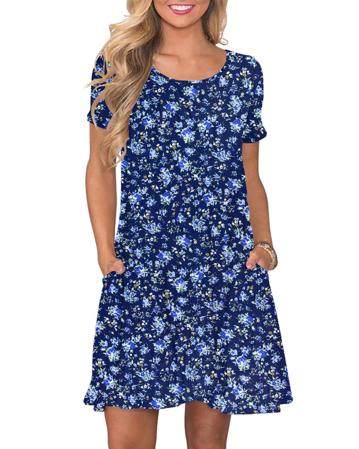 Vestido Mini Cencia para Mujer – Camiseta, Cuello Redondo y Línea A con Bolsillos Casual de Verano