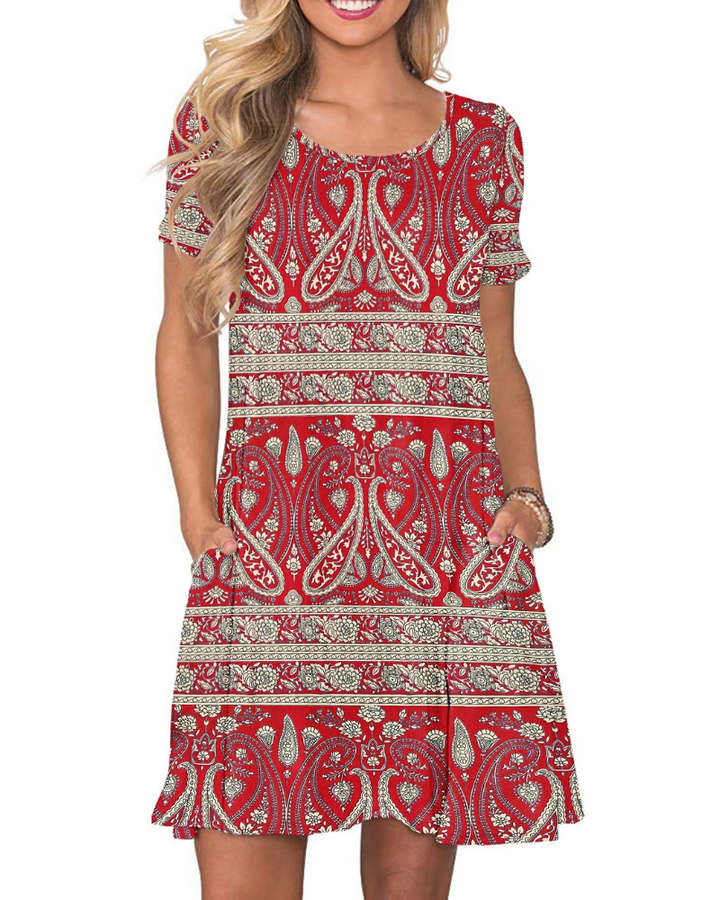 Vestido Mini Cencia para Mujer – Camiseta, Cuello Redondo y Línea A con Bolsillos Casual de Verano
