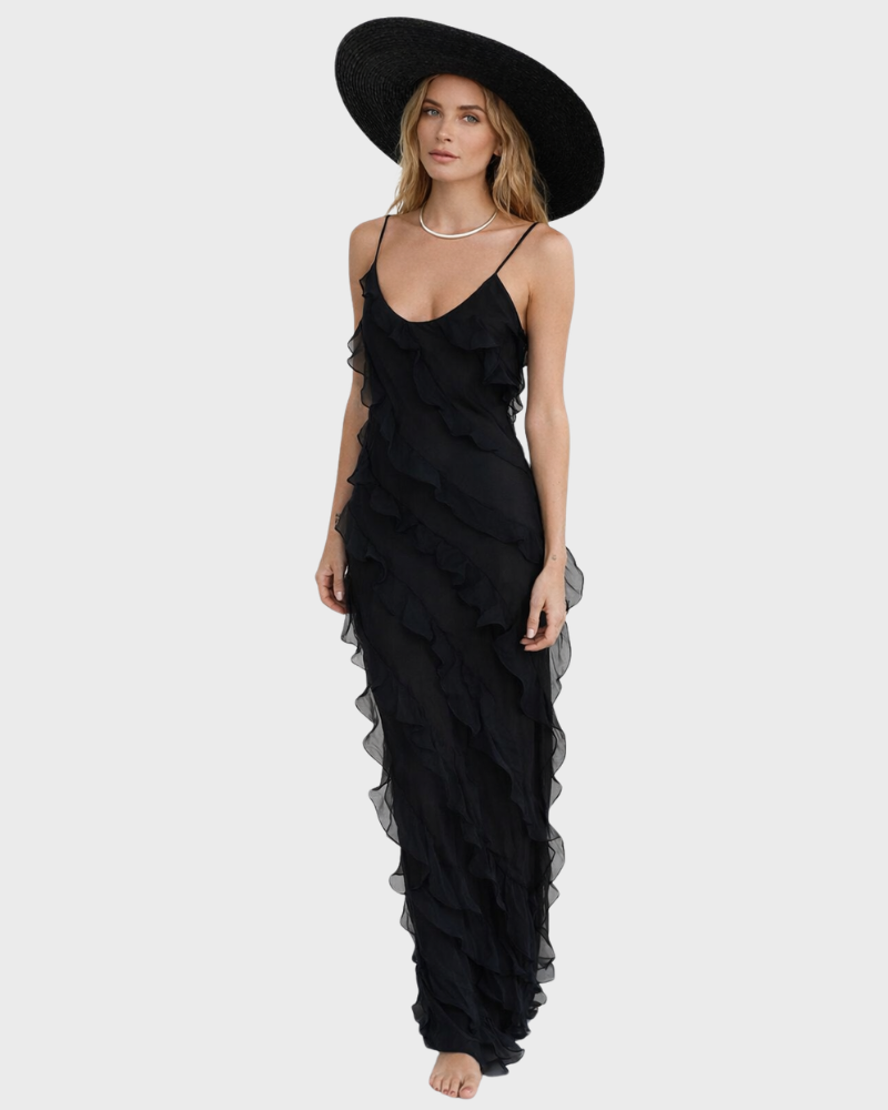 Katherine Robe Femme Longue Élégante – Robe avec Volants Asymétriques et Bretelles Fines