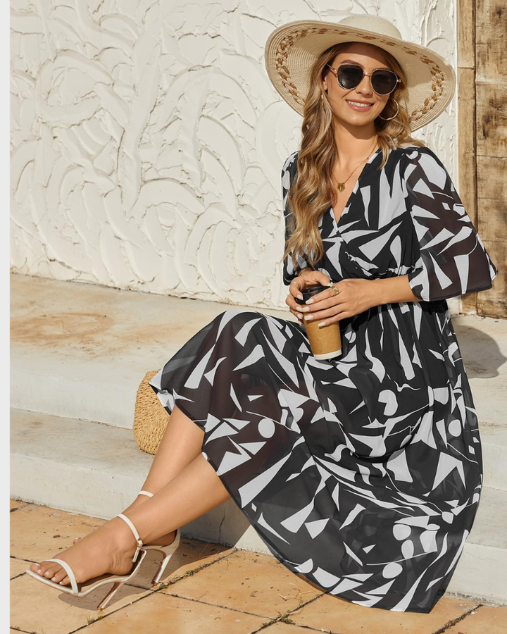 Aurora Rochie Maxi Damă – Boho Floral, Decolteu în V & Talie Elastică Elegantă