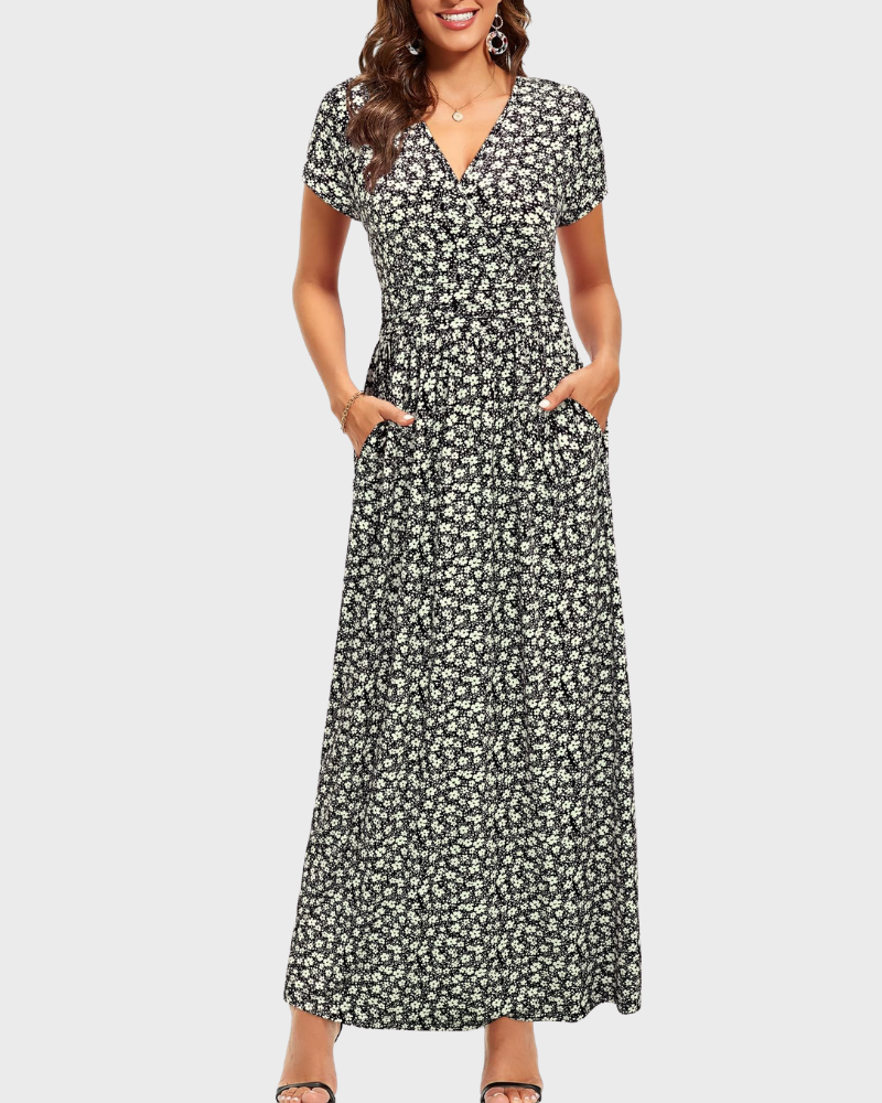 Vestido Maxi Alessia para Mujer – Escote en V, Cruzado Floral y Bolsillos Elegantes Casual
