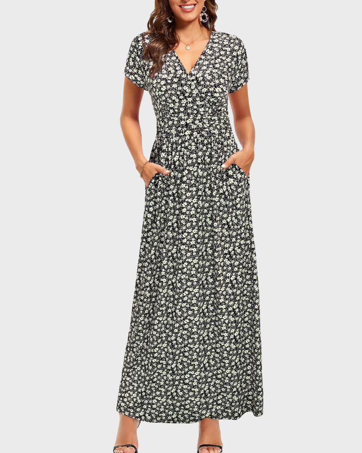 Vestido Maxi Alessia para Mujer – Escote en V, Cruzado Floral y Bolsillos Elegantes Casual