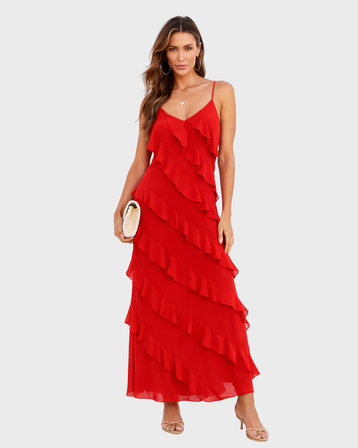 Katherine Robe Femme Longue Élégante – Robe avec Volants Asymétriques et Bretelles Fines
