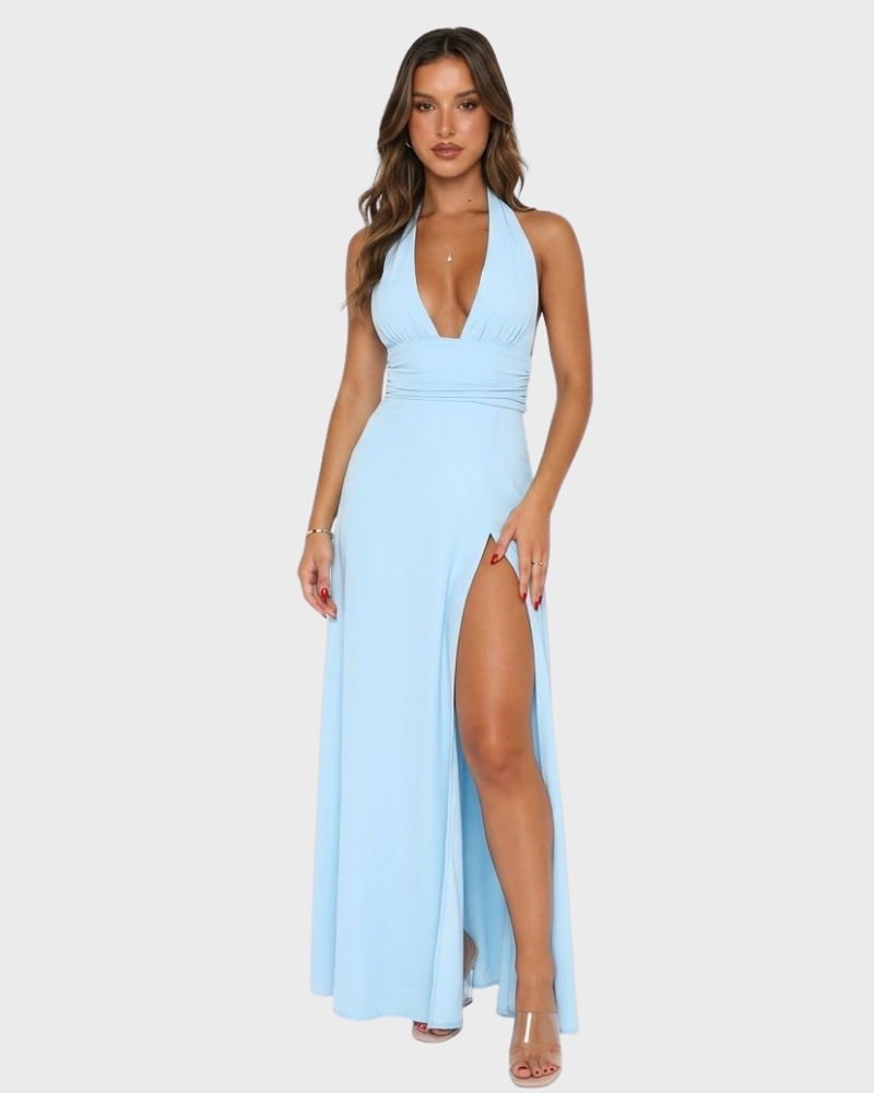 Angel Vestido Maxi Elegante para Mujer – Vestido Halter con Escote Profundo y Abertura Alta