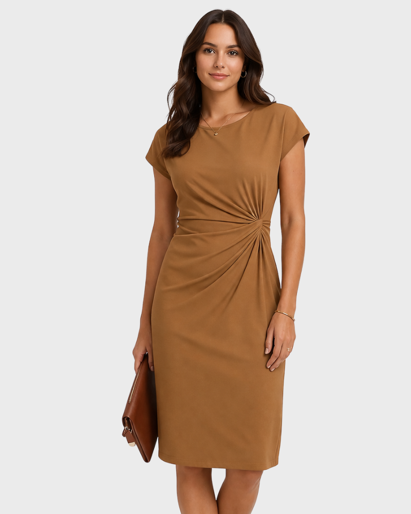 Dana Rochie Damă Elegantă Midi – Rochie cu Guler Rotund, Talie Evidențiată și Drapaj Lateral