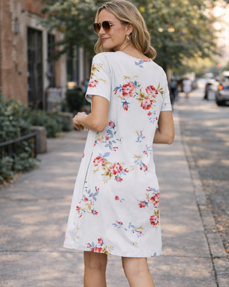 Chiara Rochie Mini pentru Femei – Guler Rotund, Plisată & Buzunare Casual Elegant de Vară