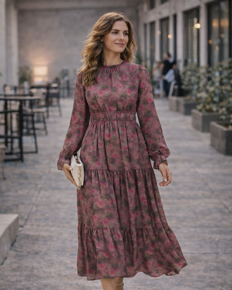 Briseis Rochie Maxi pentru Femei – Șifon Floral, Mâneci Lungi & Croială A-Line Elegantă