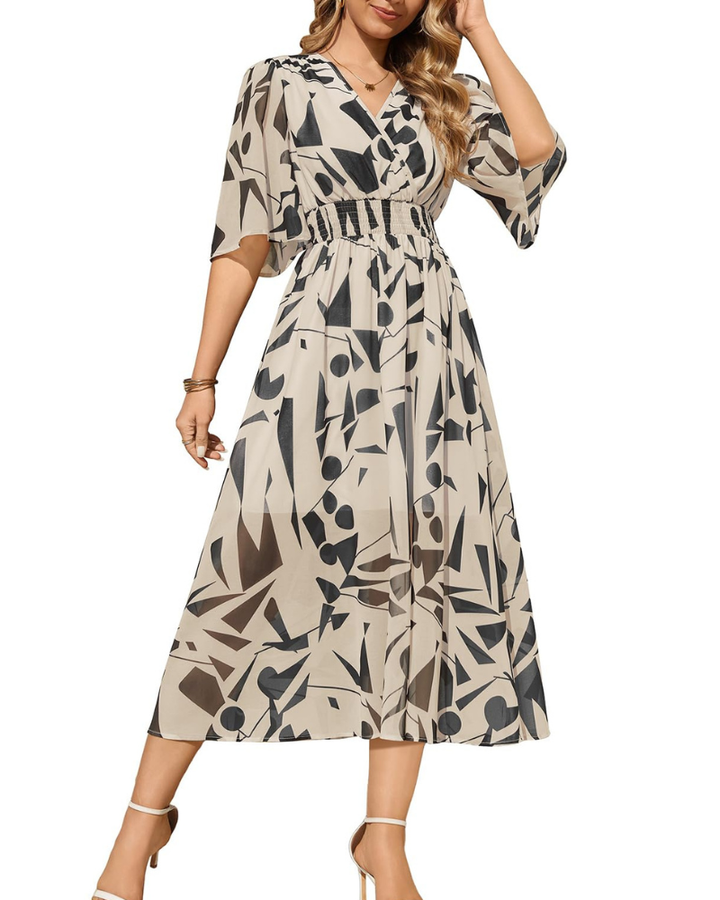 Aurora Rochie Maxi Damă – Boho Floral, Decolteu în V & Talie Elastică Elegantă