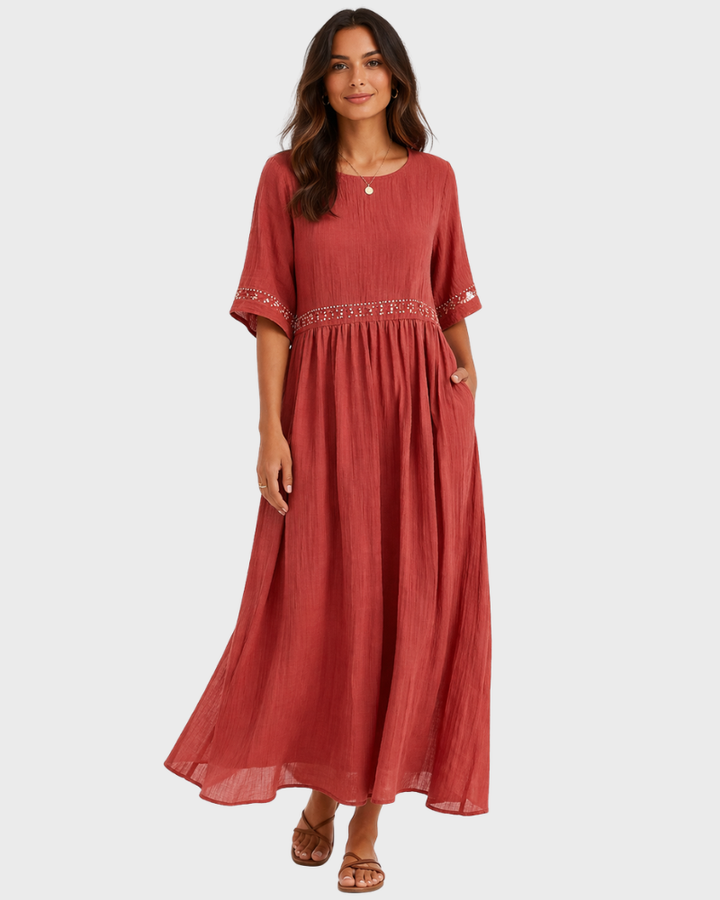 Daniela Vestido Mujer Maxi Verano – Vestido Largo Amplio con Bordados y Bolsillos Laterales