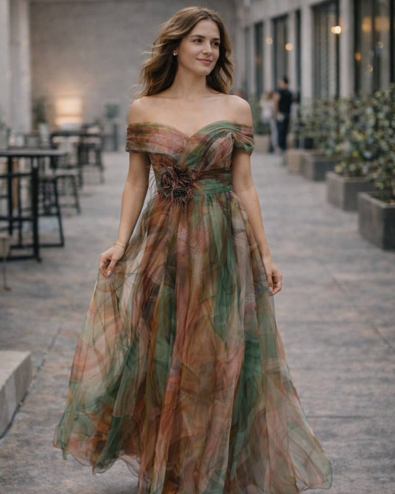 Evania Vestido Elegante para Mujer – Hombros Descubiertos, Tul en Línea A y Maxi con Abertura para Noche