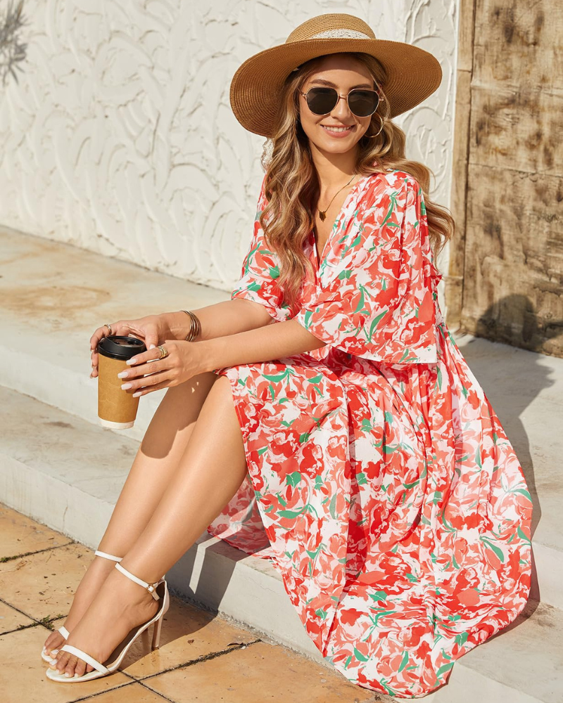 Aurora Rochie Maxi Damă – Boho Floral, Decolteu în V & Talie Elastică Elegantă
