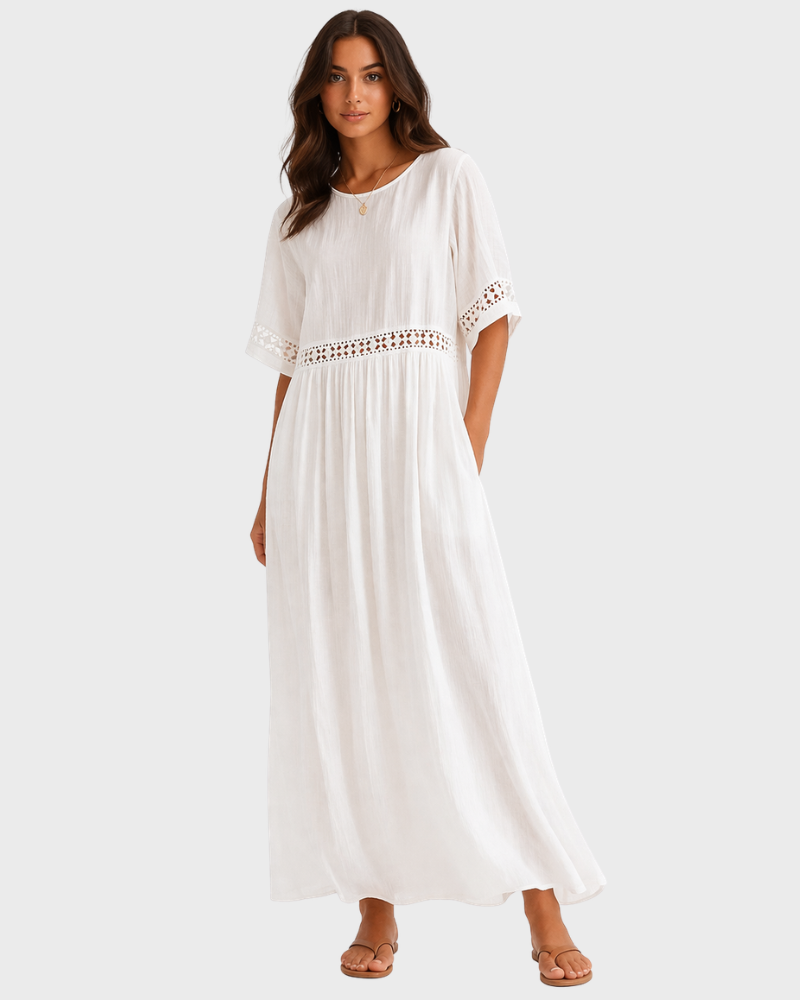 Daniela Vestido Mujer Maxi Verano – Vestido Largo Amplio con Bordados y Bolsillos Laterales