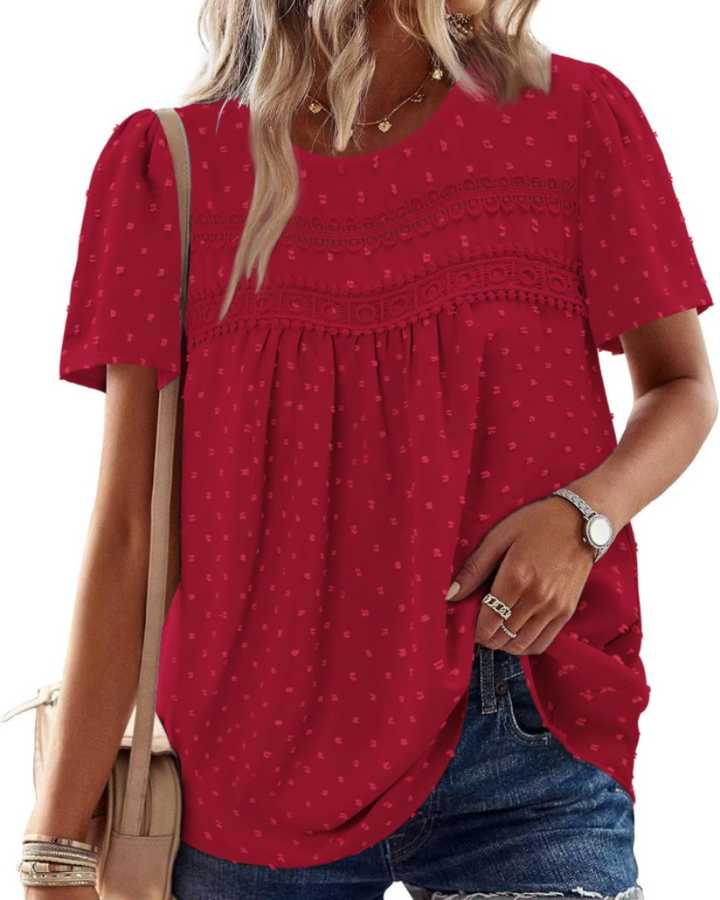 Arlina Bluză Damă Elegantă – Top de Vară Boho, Mâneci Scurte, Dantelă, Plisată, Guler Rotund