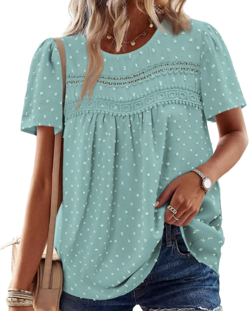Arlina Bluză Damă Elegantă – Top de Vară Boho, Mâneci Scurte, Dantelă, Plisată, Guler Rotund