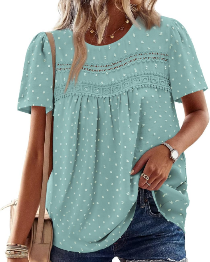 Arlina Bluză Damă Elegantă – Top de Vară Boho, Mâneci Scurte, Dantelă, Plisată, Guler Rotund