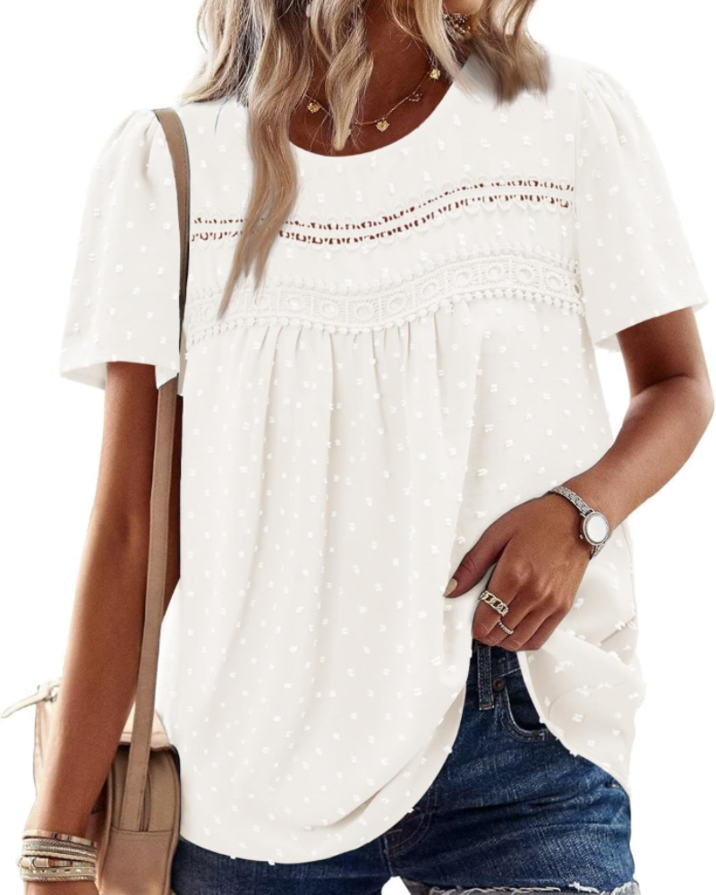 Arlina Bluză Damă Elegantă – Top de Vară Boho, Mâneci Scurte, Dantelă, Plisată, Guler Rotund