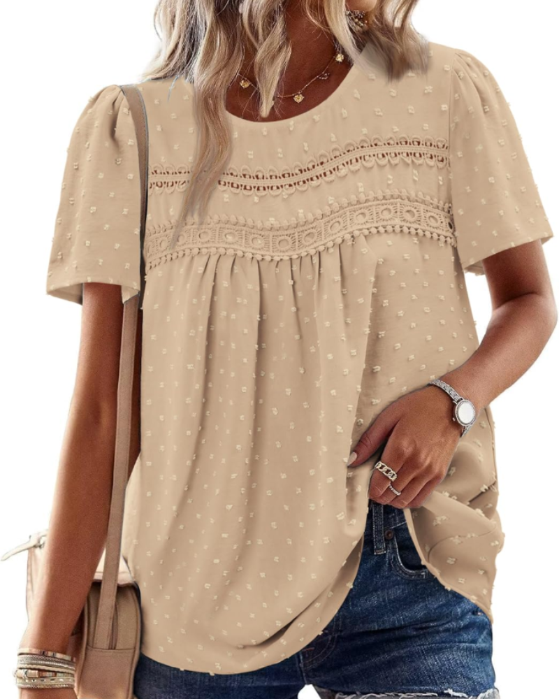 Arlina Bluză Damă Elegantă – Top de Vară Boho, Mâneci Scurte, Dantelă, Plisată, Guler Rotund