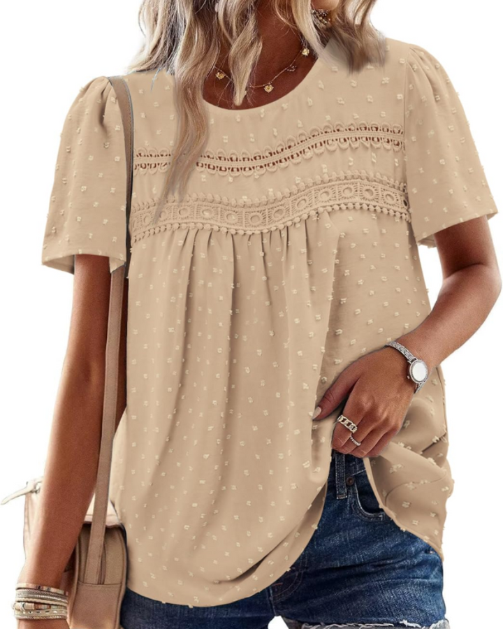 Arlina Bluză Damă Elegantă – Top de Vară Boho, Mâneci Scurte, Dantelă, Plisată, Guler Rotund