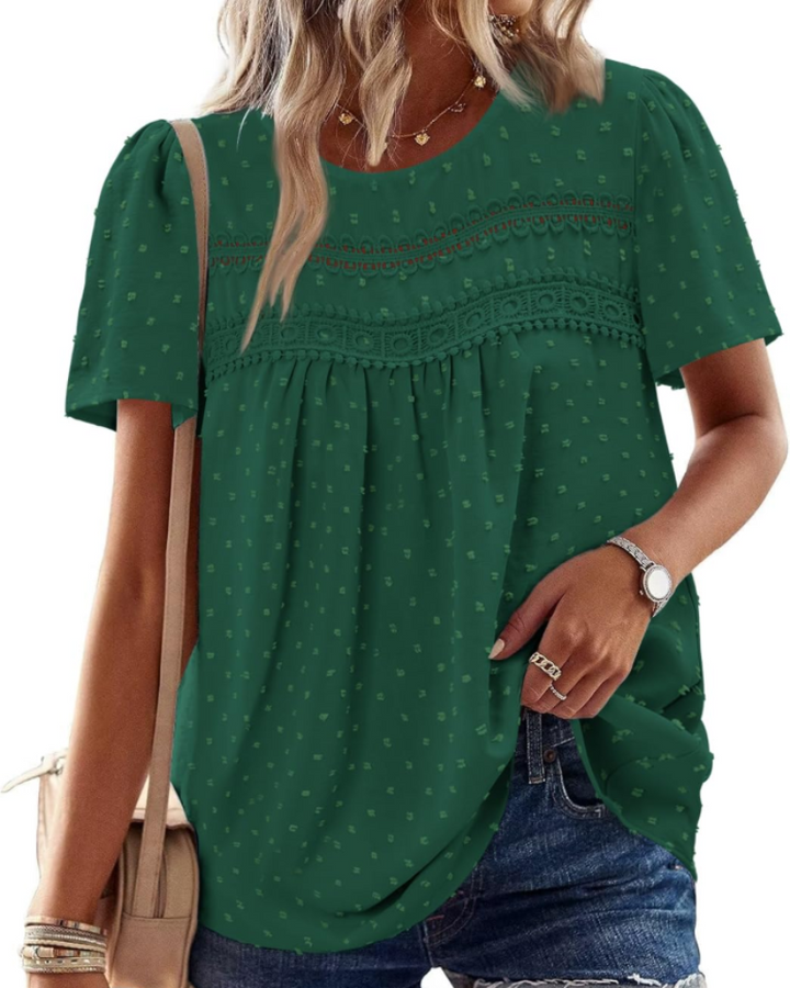 Arlina Bluză Damă Elegantă – Top de Vară Boho, Mâneci Scurte, Dantelă, Plisată, Guler Rotund
