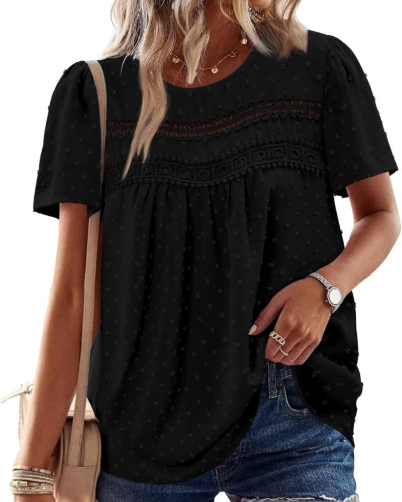 Arlina Bluză Damă Elegantă – Top de Vară Boho, Mâneci Scurte, Dantelă, Plisată, Guler Rotund