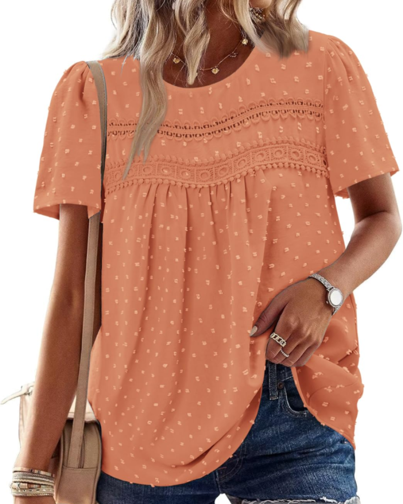Arlina Bluză Damă Elegantă – Top de Vară Boho, Mâneci Scurte, Dantelă, Plisată, Guler Rotund