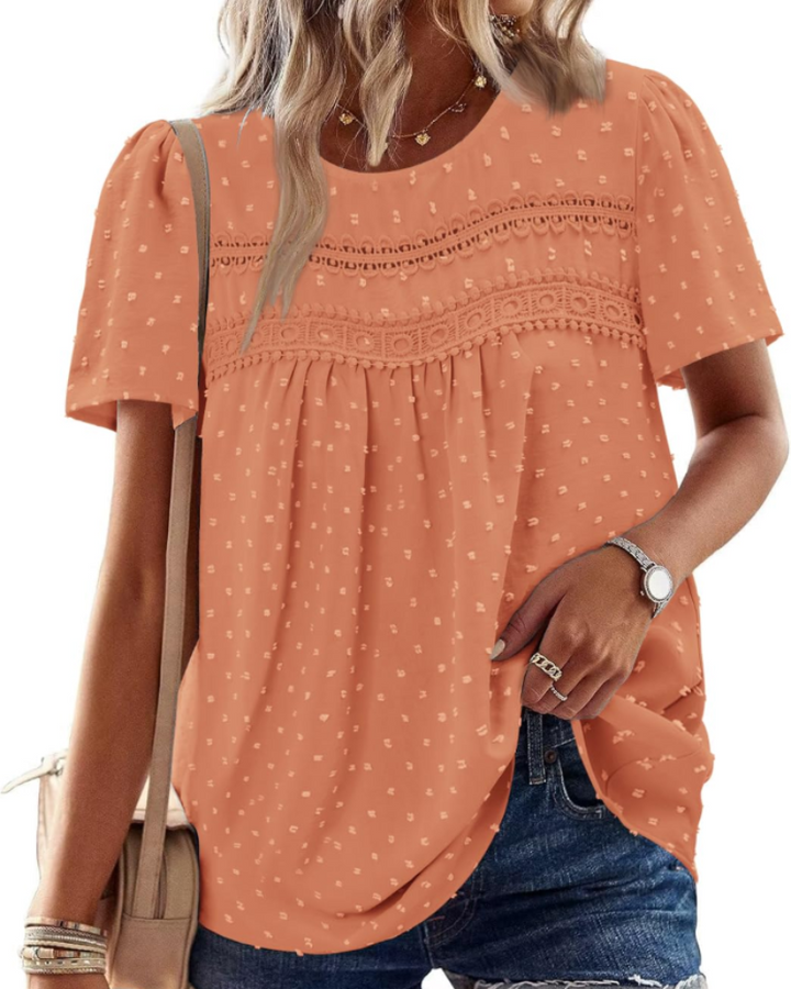 Arlina Bluză Damă Elegantă – Top de Vară Boho, Mâneci Scurte, Dantelă, Plisată, Guler Rotund