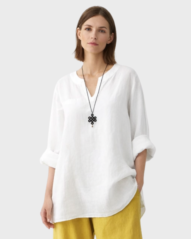 Kylie Casual Damebluse – Bluse med V-udskæring, Rulleærmer og Løs Pasform