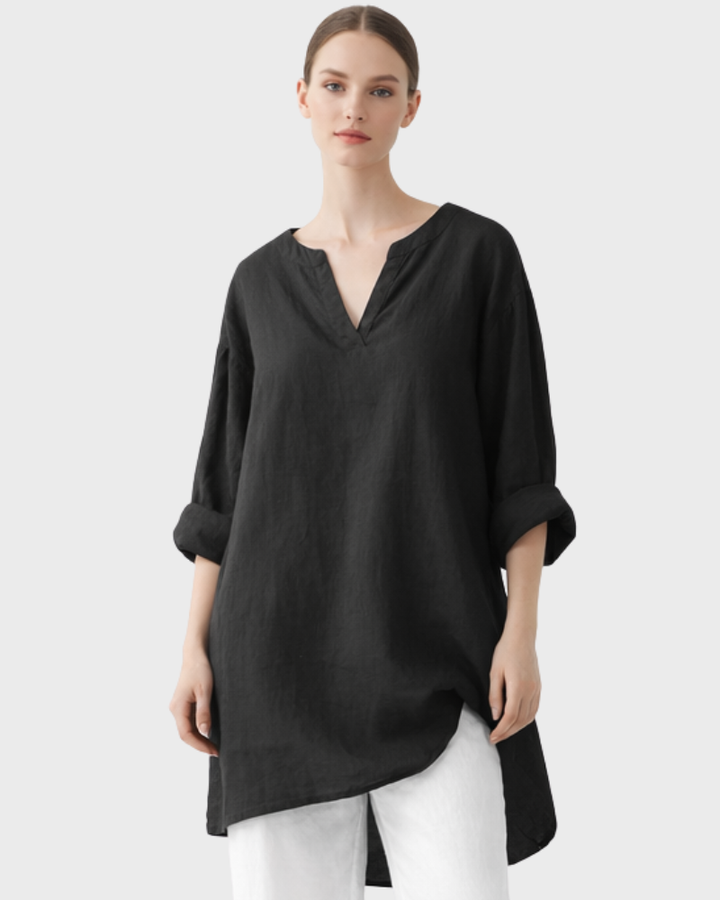 Kylie Casual Damebluse – Bluse med V-udskæring, Rulleærmer og Løs Pasform