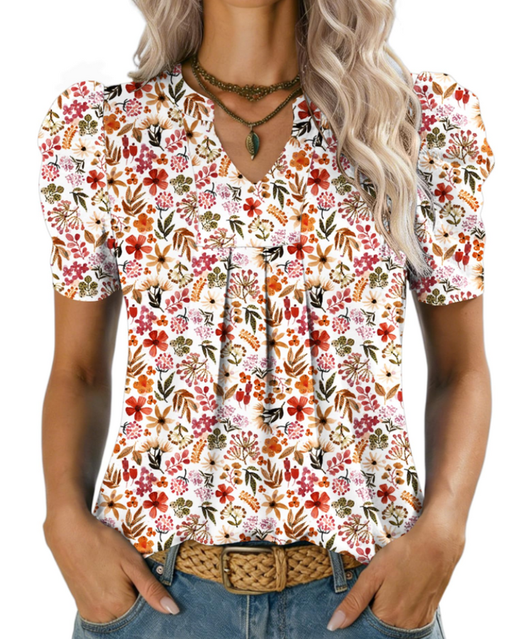 Zivelie Blusa Mujer Elegante – Top de Verano Escote en V, Mangas Cortas Abullonadas, Casual Chic