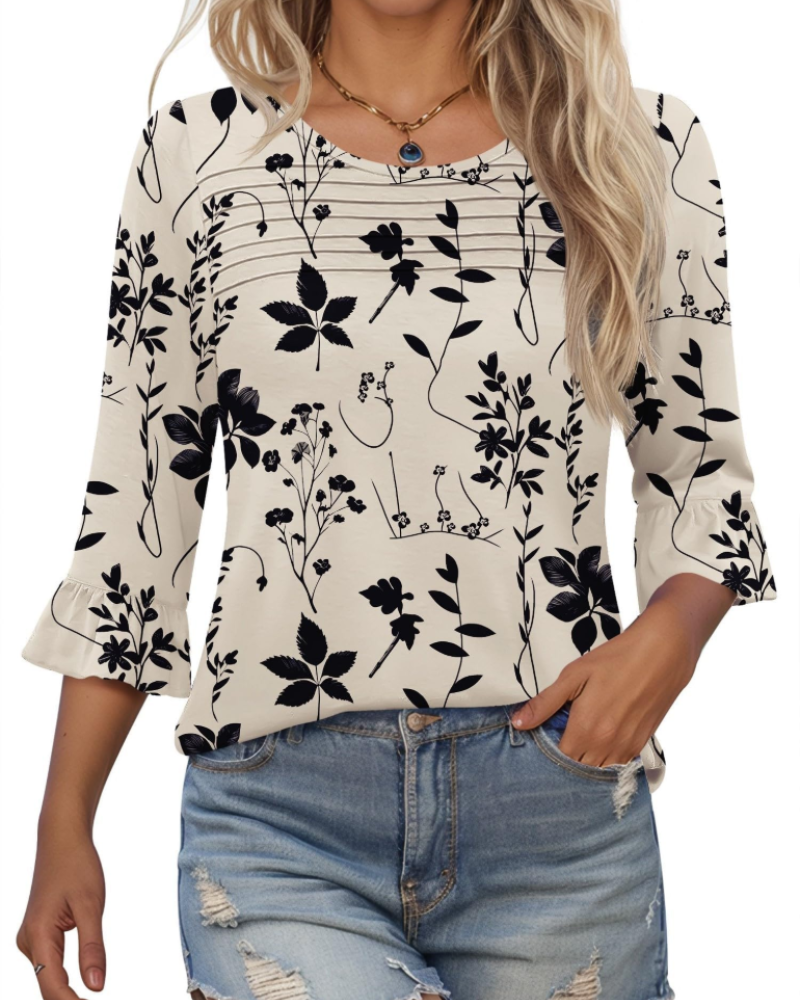 Briar Damenbluse Elegant – Sommer-Tunika 3/4-Arm, Plissee, Rundhals, Casual Chic