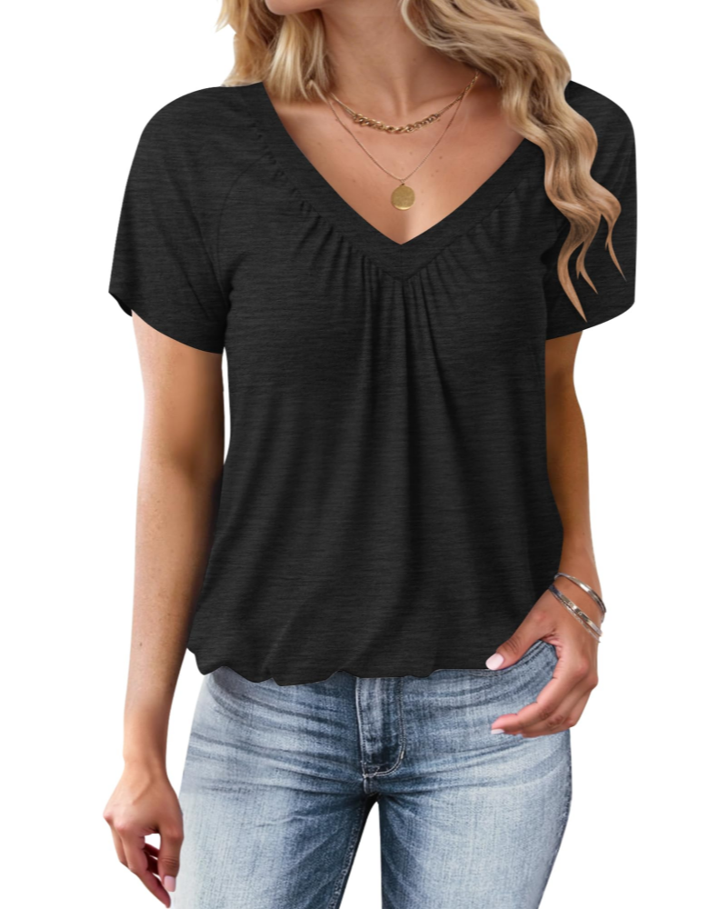 Zuri Dámske Oversize Tričko – Letný Top s Výstrihom do V, Plisé, Balónový Lem, Casual Chic