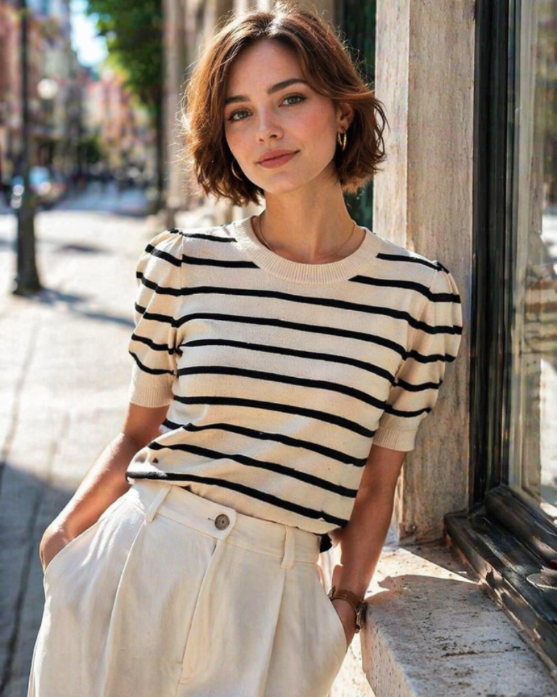 Alvena Top Donna – Ριγέ Γύρος Λαιμού, Φουσκωτά Μανίκια & Πλεκτό Slim Fit Καλοκαιρινό