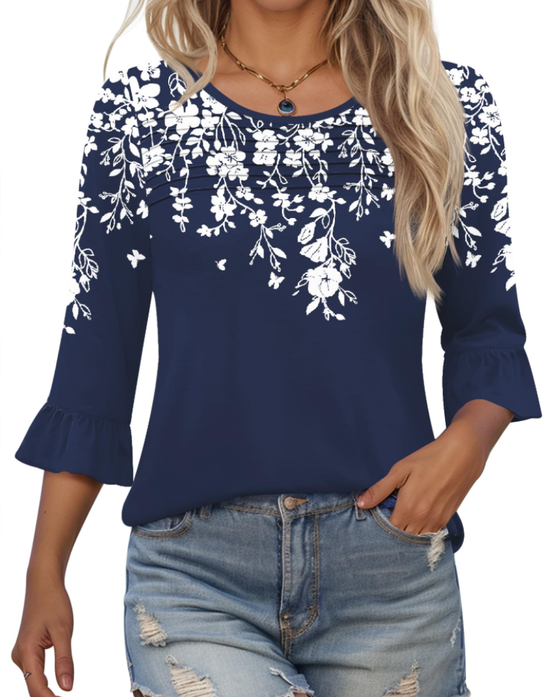 Briar Damenbluse Elegant – Sommer-Tunika 3/4-Arm, Plissee, Rundhals, Casual Chic