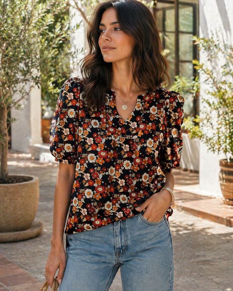 Zivelie Blusa Mujer Elegante – Top de Verano Escote en V, Mangas Cortas Abullonadas, Casual Chic