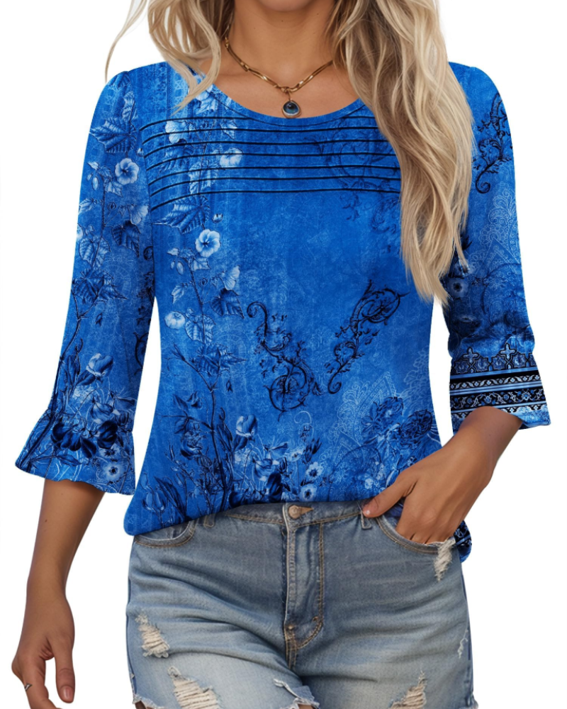 Briar Damenbluse Elegant – Sommer-Tunika 3/4-Arm, Plissee, Rundhals, Casual Chic