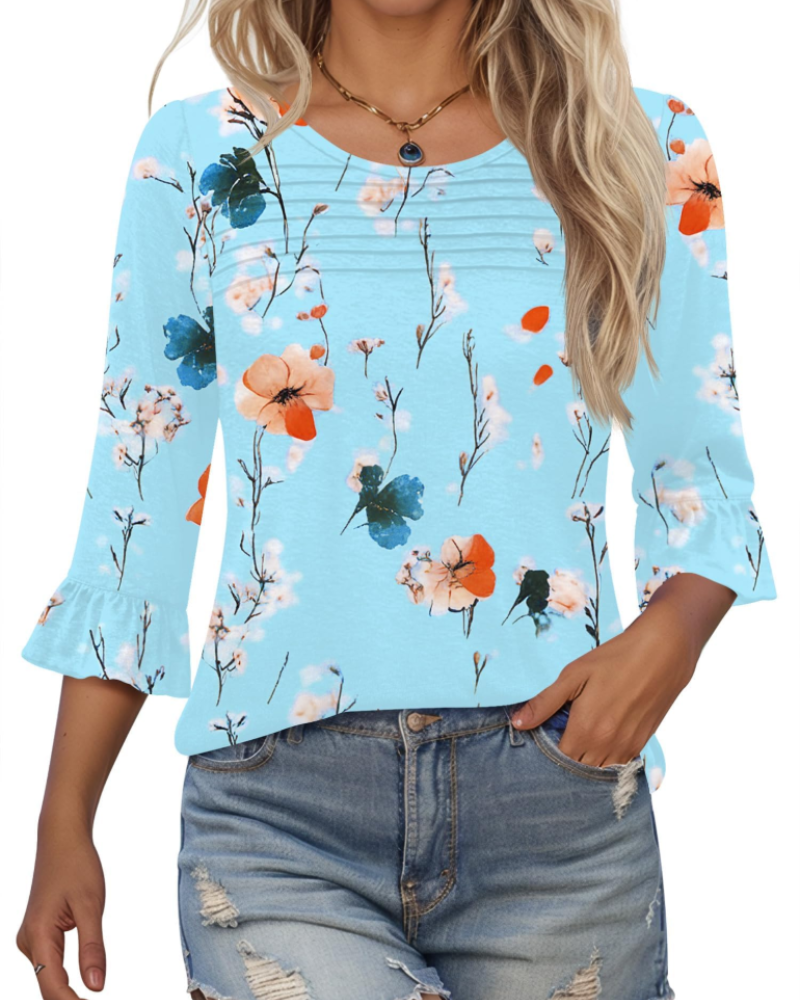 Briar Damenbluse Elegant – Sommer-Tunika 3/4-Arm, Plissee, Rundhals, Casual Chic