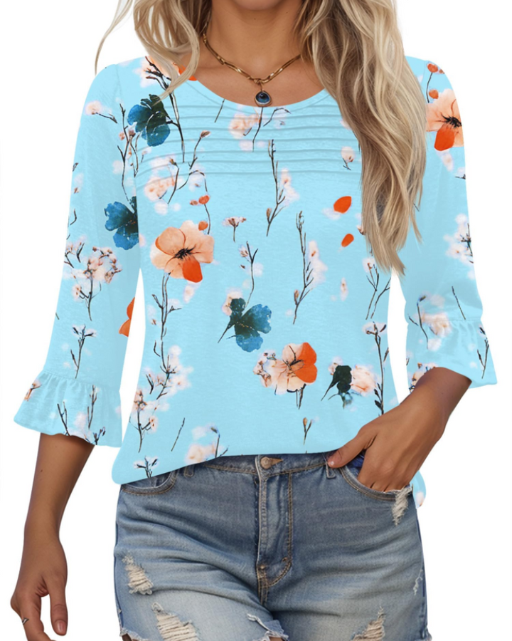 Briar Damenbluse Elegant – Sommer-Tunika 3/4-Arm, Plissee, Rundhals, Casual Chic