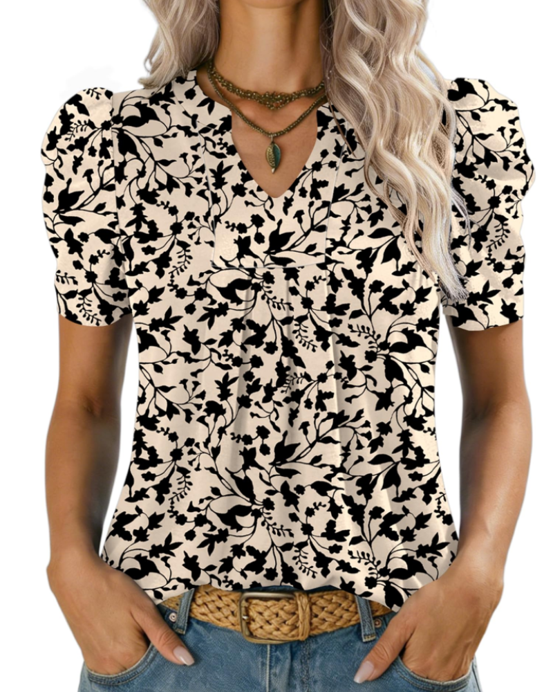 Zivelie Blusa Mujer Elegante – Top de Verano Escote en V, Mangas Cortas Abullonadas, Casual Chic