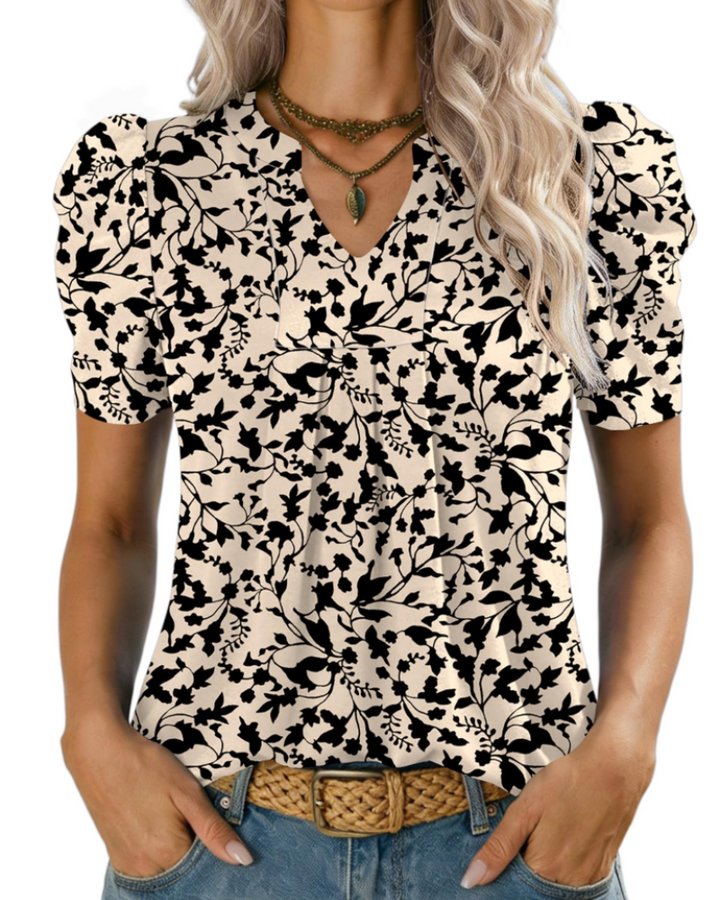 Zivelie Blusa Mujer Elegante – Top de Verano Escote en V, Mangas Cortas Abullonadas, Casual Chic