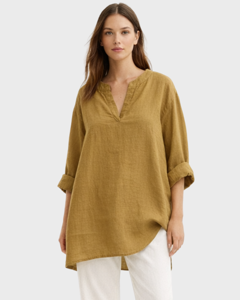 Kylie Casual Damebluse – Bluse med V-udskæring, Rulleærmer og Løs Pasform
