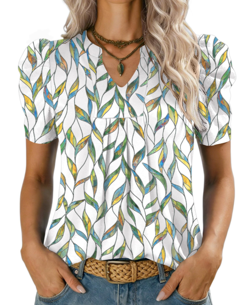 Zivelie Blusa Mujer Elegante – Top de Verano Escote en V, Mangas Cortas Abullonadas, Casual Chic