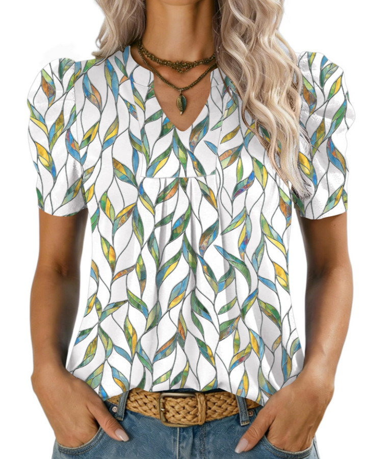 Zivelie Blusa Mujer Elegante – Top de Verano Escote en V, Mangas Cortas Abullonadas, Casual Chic