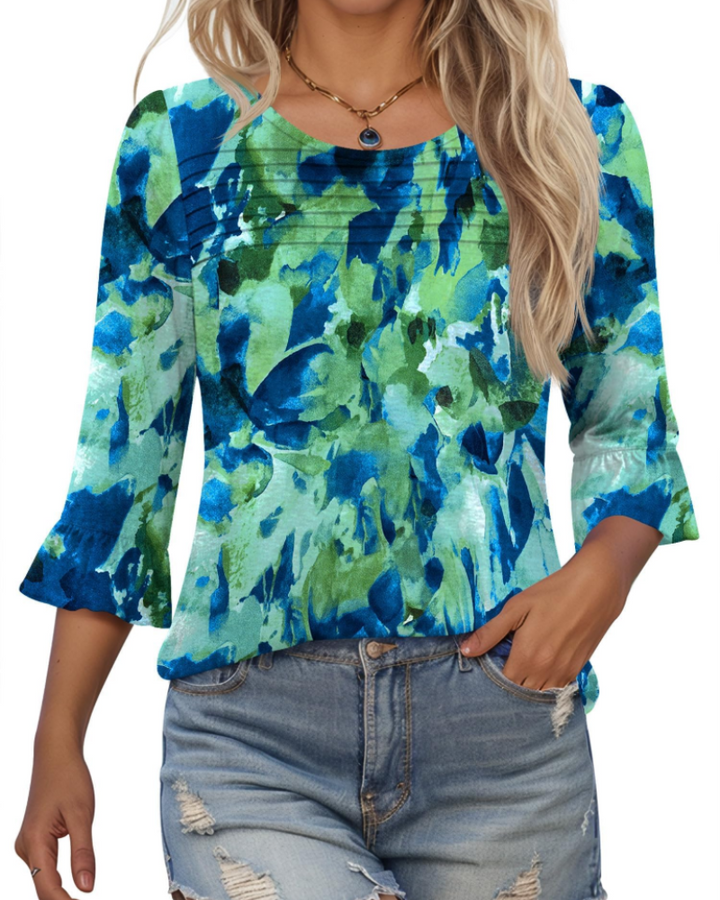 Briar Damenbluse Elegant – Sommer-Tunika 3/4-Arm, Plissee, Rundhals, Casual Chic