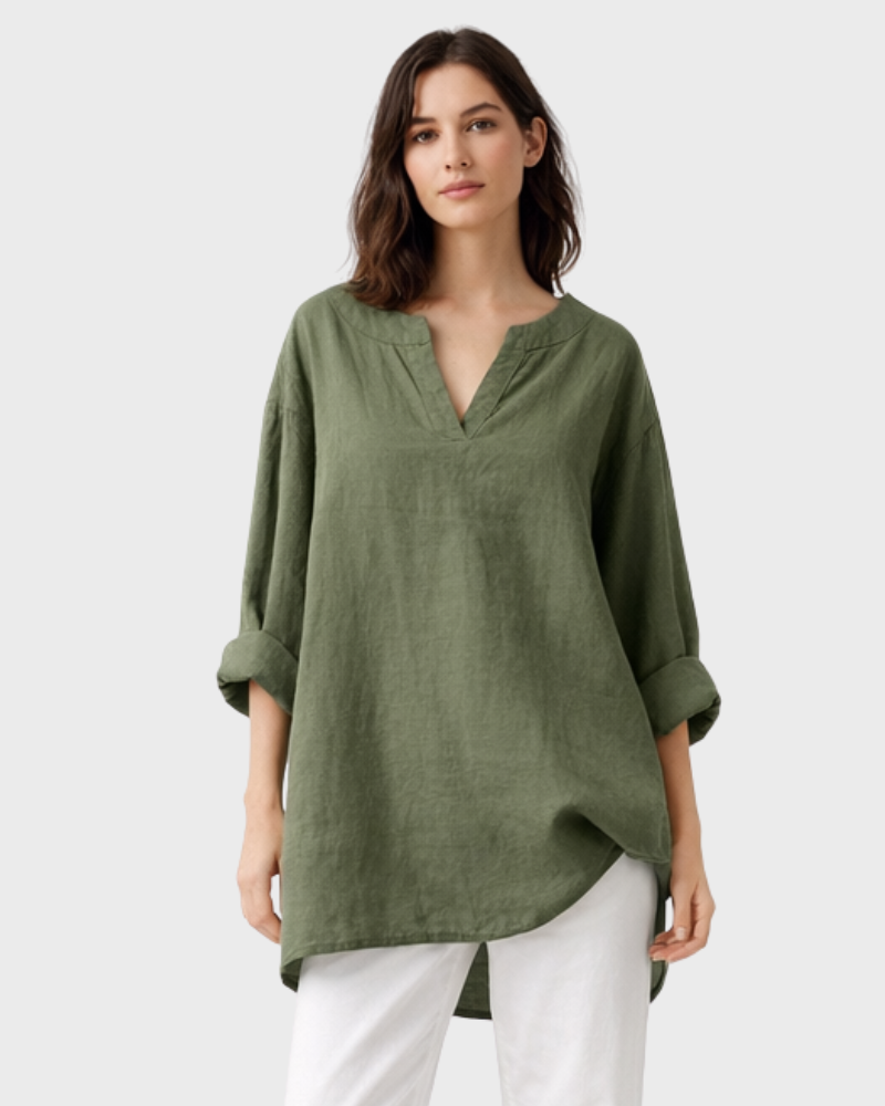 Kylie Casual Damebluse – Bluse med V-udskæring, Rulleærmer og Løs Pasform