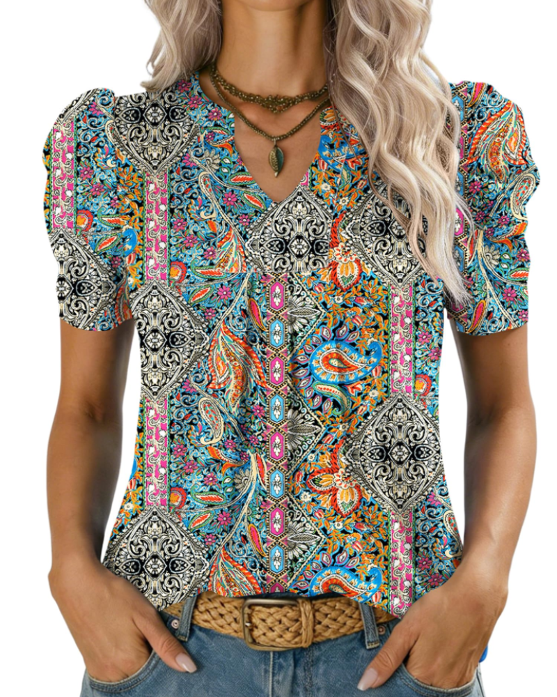 Zivelie Blusa Mujer Elegante – Top de Verano Escote en V, Mangas Cortas Abullonadas, Casual Chic