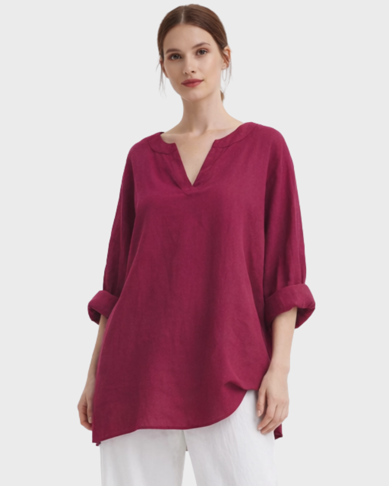 Kylie Casual Damebluse – Bluse med V-udskæring, Rulleærmer og Løs Pasform